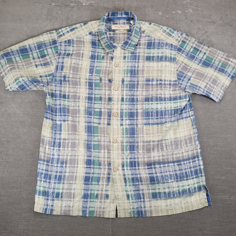 Tommy Bahama Shirt Mens Island Zone Plaid LG Silk Blend Button Up Short Sleeve